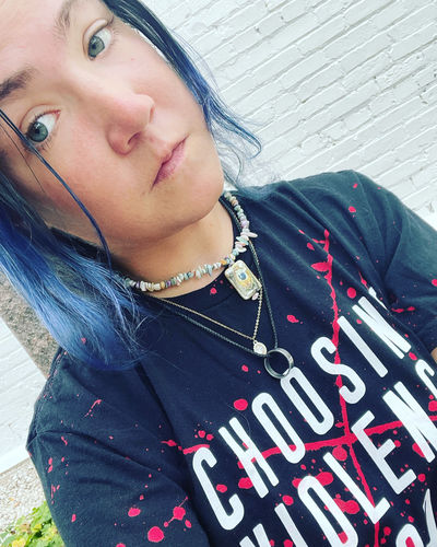 Customer photo review of Salty Savage Unisex “CHOOSING VIOLENCE TODAY” Paint Splatter Tee | Black/Red