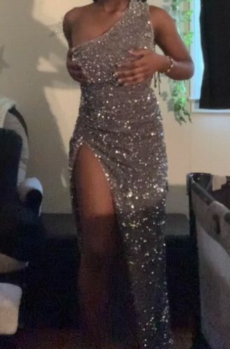 Customer photo review of Sequined One Shoulder Luxe High Split Maxi Dress