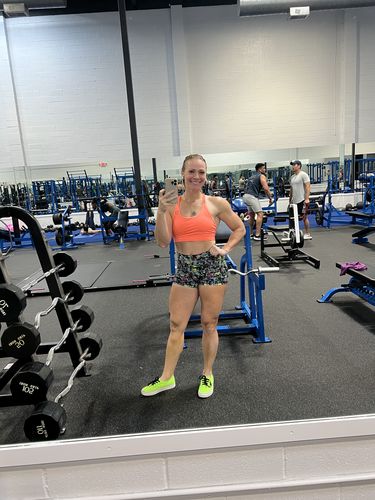 Customer photo review of Salty Savage Ladies Spliced Smile Braided Racerback Sports Bra | Coral