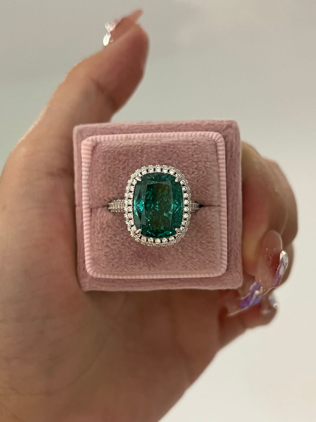 Customer photo review of Louily Gorgeous Halo Cushion Cut Paraiba Tourmaline Engagement Ring In Sterling Silver