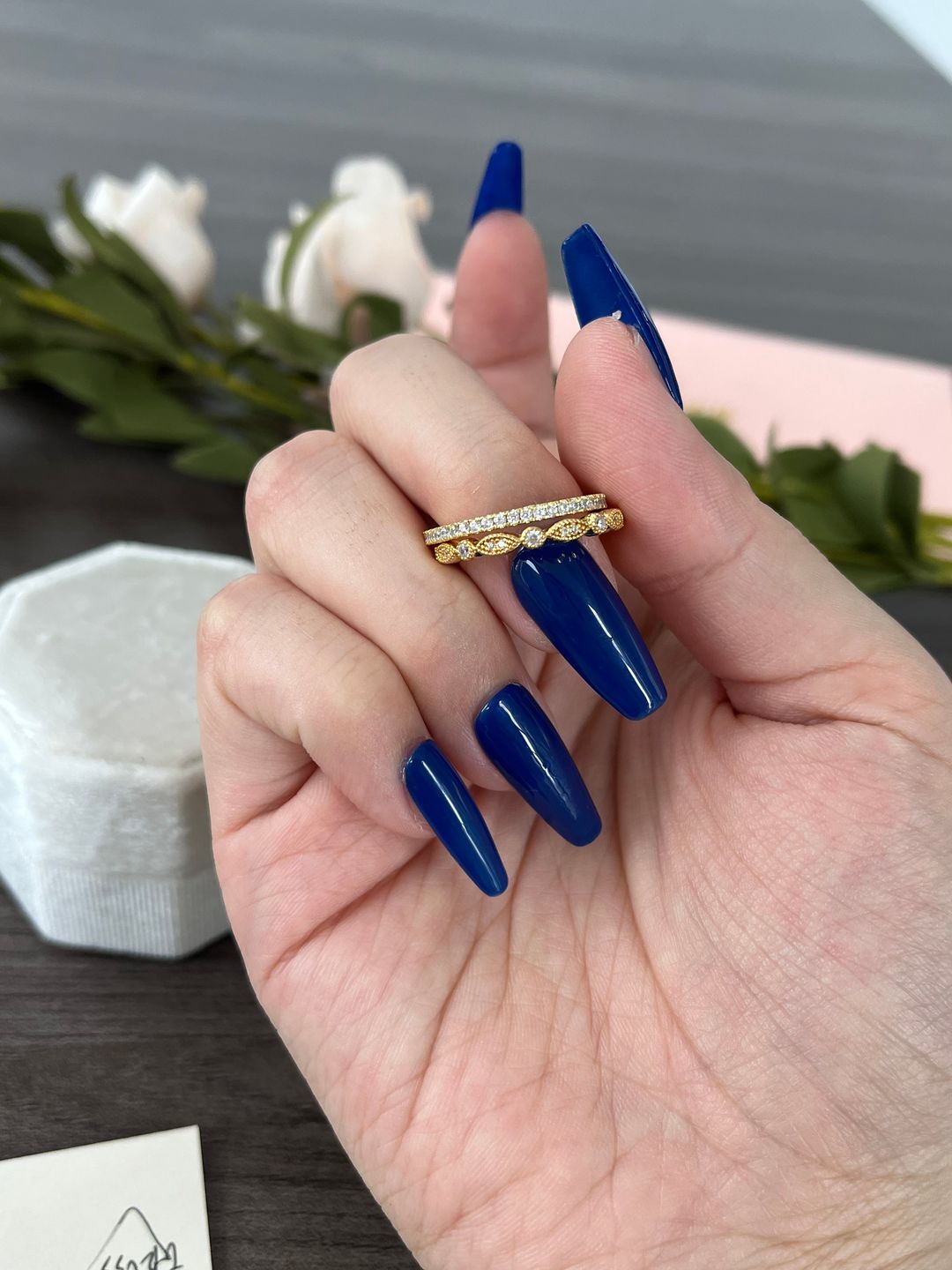 Customer photo review of Louily Yellow Gold Full Eternity Art Deco Stackable Wedding Band Set