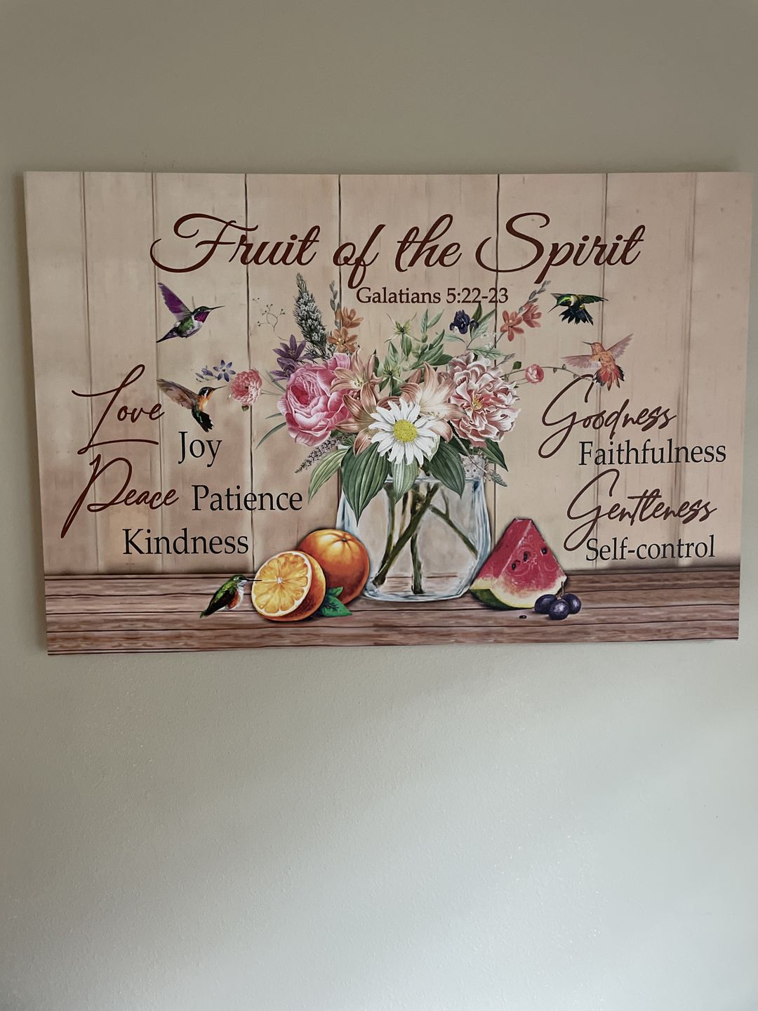 Customer photo review of Fruit of the Spirit Galatians 5:22-23 Bible verse wall art canvas