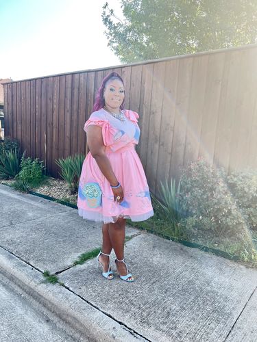 Customer photo review of Beach Town Print Cute Tie Strap Pleated Mini Dress