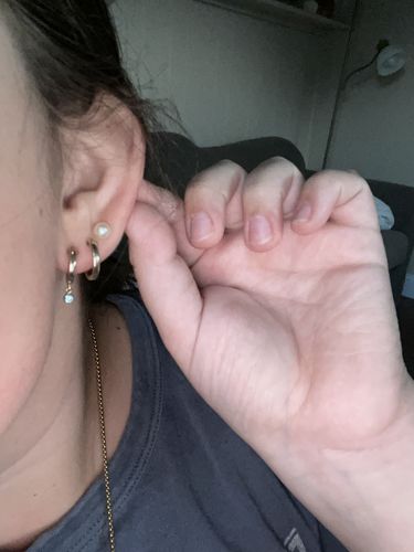 Customer photo review of mona hoops (15mm) + birthstone mini hoops (13mm) earring set