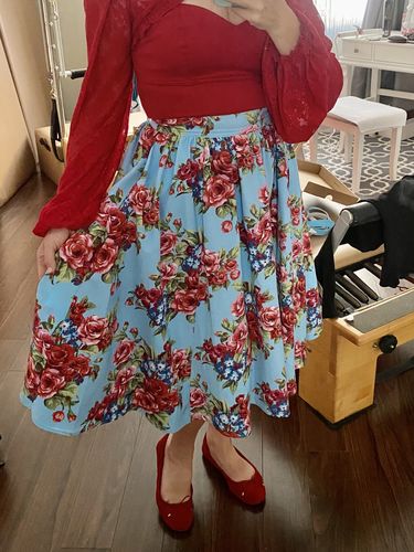 Customer photo review of Vacation Swing Skirt in Vintage Blue and Red Rose Print - Vixen by Micheline Pitt
