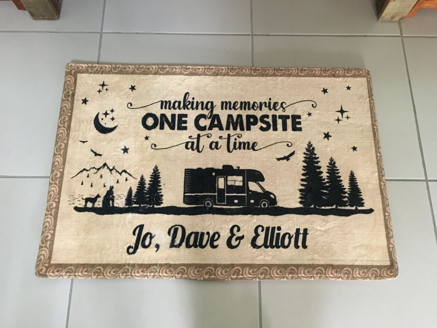 Customer photo review of Happy Campers Camping Personalized Patio Rug Patio Mat