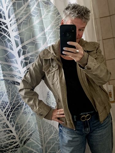 Customer photo review of Girl Next Door Vegan Leather Jacket (Taupe)