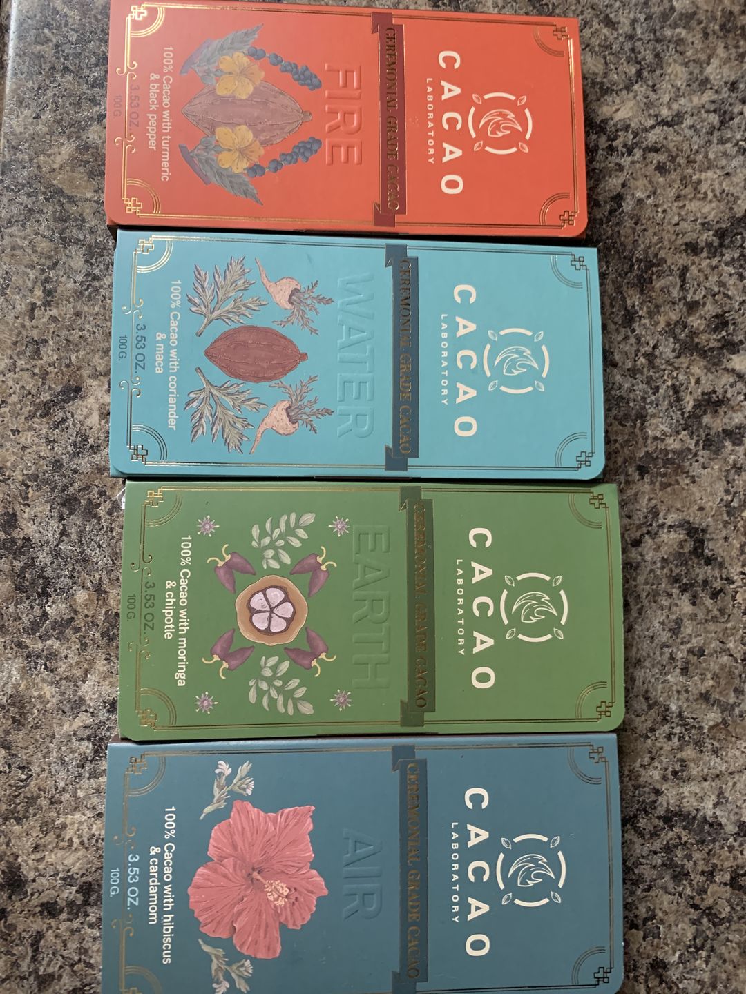 Customer photo review of Four Sacred Element Cacao Blends Variety Box (4 bars – 3.5 oz each)