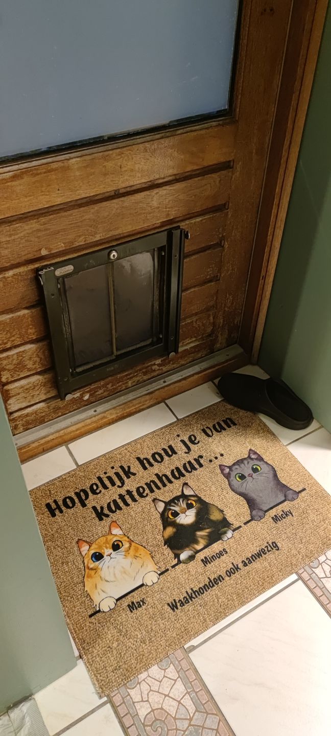 Customer photo review of Welkom bij nieuwsgierige katten - Gepersonaliseerde deurmat