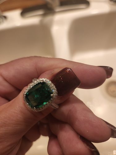 Customer photo review of Louily Gorgeous Halo Cushion Cut Paraiba Tourmaline Engagement Ring In Sterling Silver