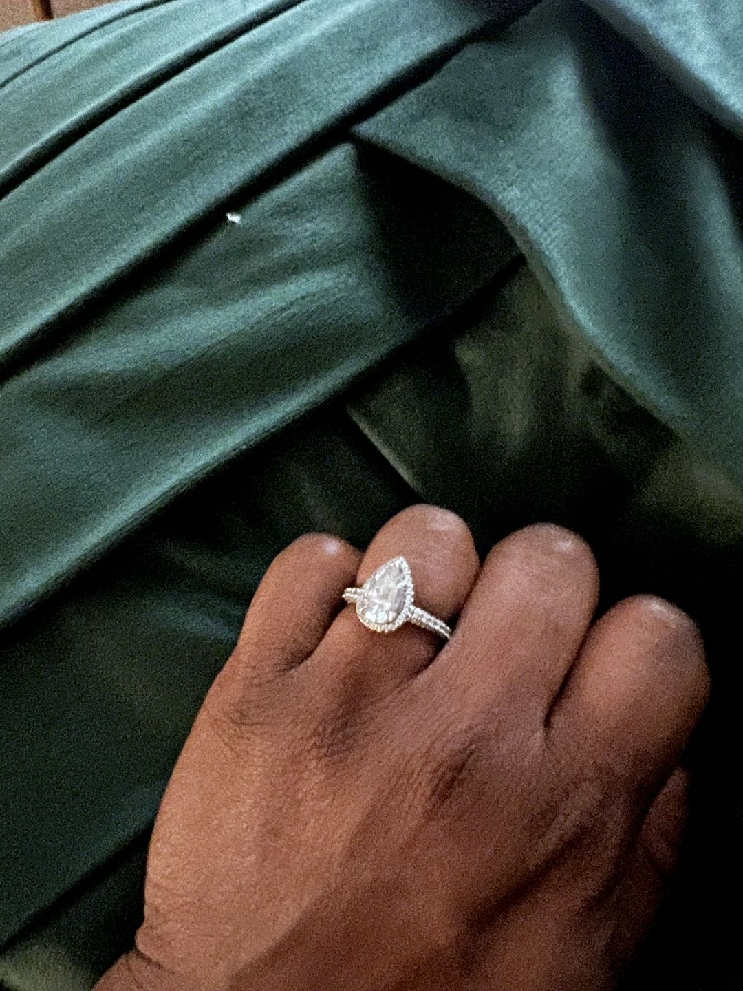 Customer photo review of Halo Pear Moissanite Triple Row Pave Engagement Ring