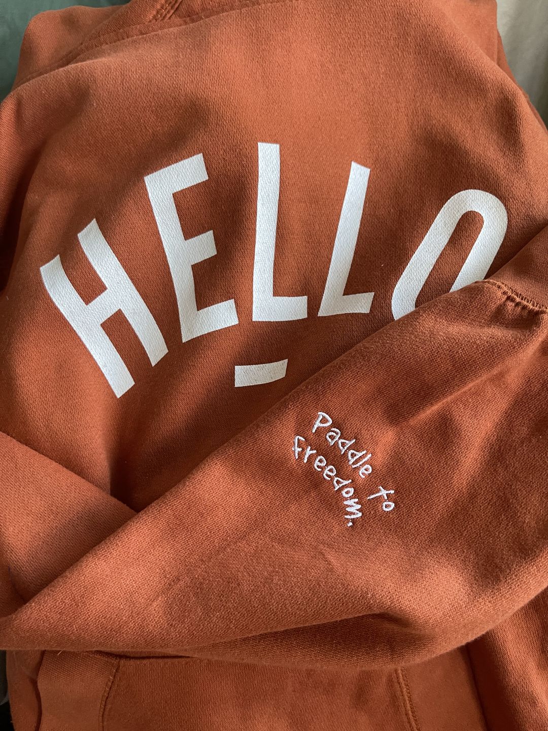 Customer photo review of New: Rust Hello Cowl Neck Hoodie
