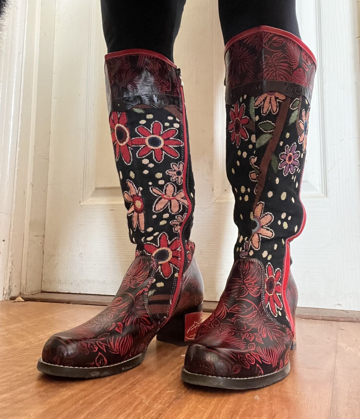 Customer photo review of Bohemian Leather Block Heel Long Boots Exotic Pattern