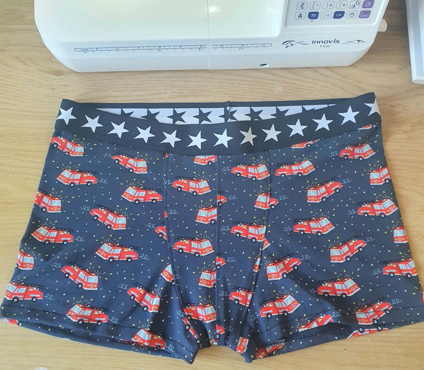 Customer photo review of Fire Engines Cotton Jersey Fabric