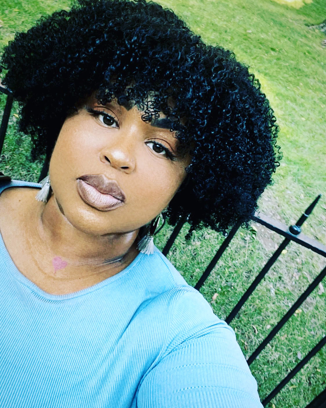 Customer photo review of Amber Bangs Brazilian Kinky Curly 5x5 Lace Closure Bob Wig