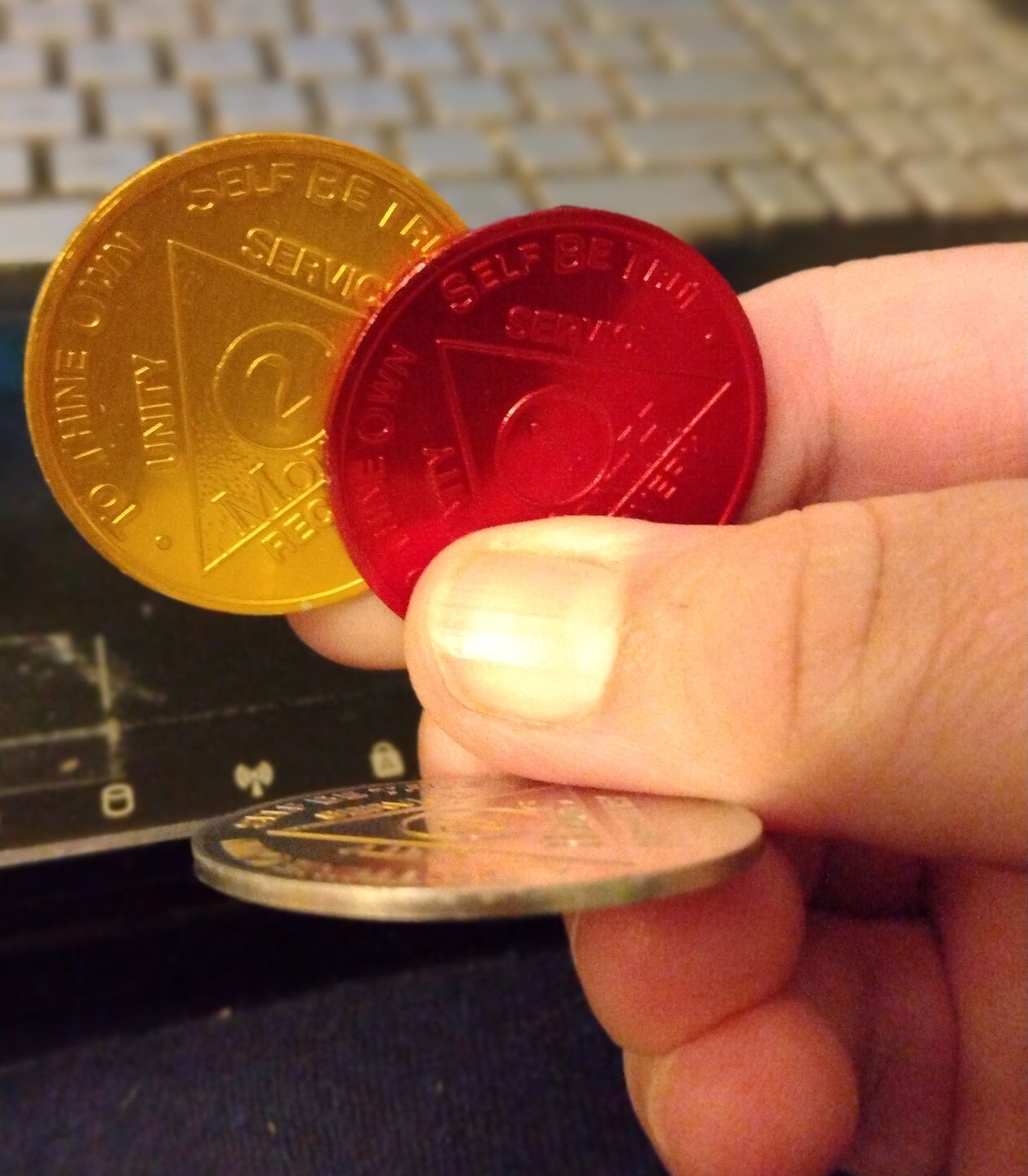 Customer photo review of Sobriety Mint Infinity Aluminum AA Meeting Newcomer Sobriety Chips/Coins/Tokens - 90 Days / 3 Months - Green