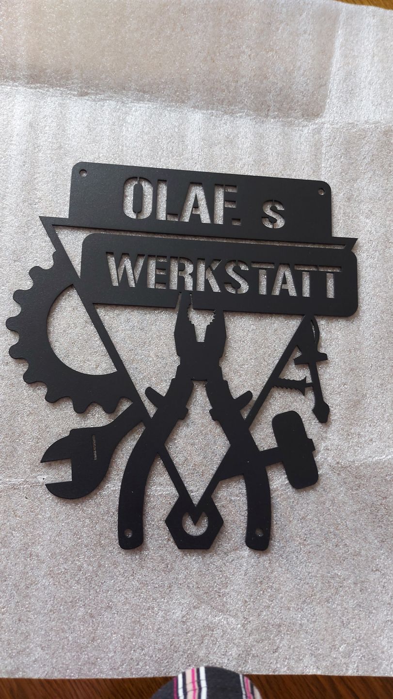 Customer photo review of Werkstattschild - Dreieck aus edlem Stahl (personalisierbar)
