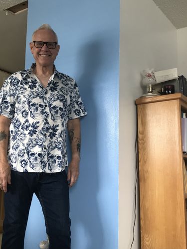 Customer photo review of Men's Punk Rock Crown Floral Skull Print Short Sleeve Shirt