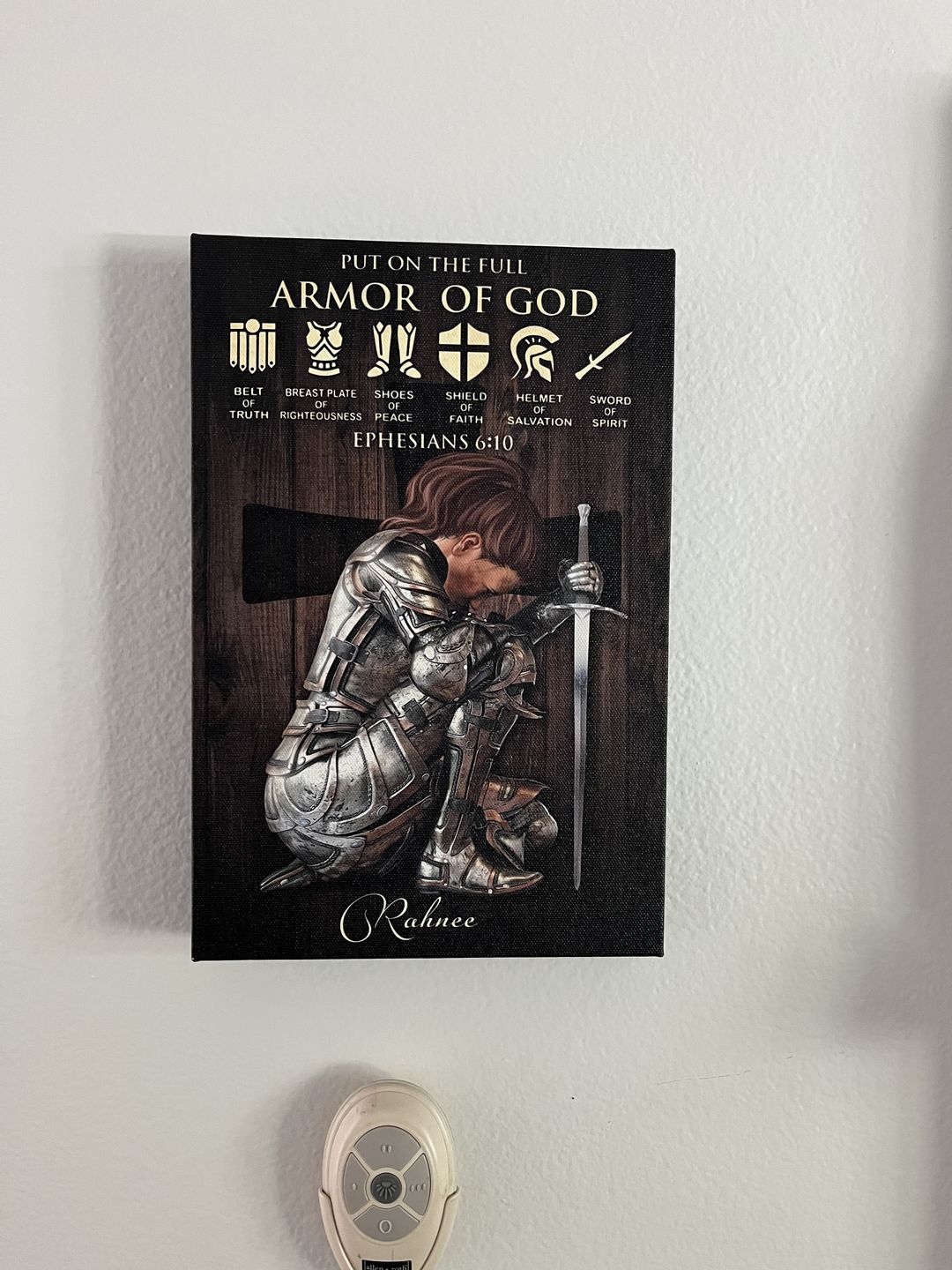 Customer photo review of Personalized Custom Name, Skin Tone And Hairstyles Woman Warrior of God Put On The Full Armor of God Ephesians 6:10 Canvas Prints