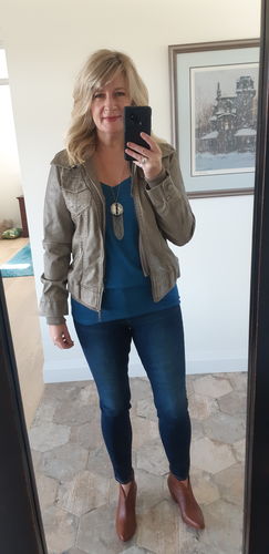 Customer photo review of Girl Next Door Vegan Leather Jacket (Taupe)