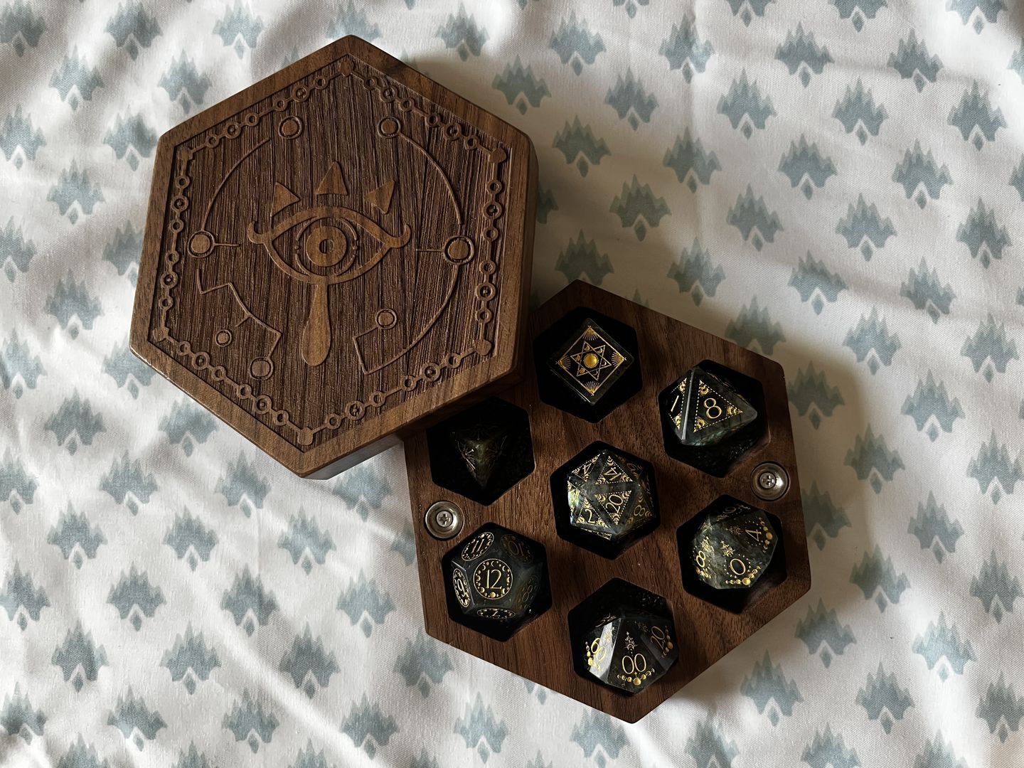 Customer photo review of URWizards D&D Labradorite Engraved Dice Set Lunar Eclipse