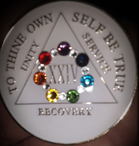 Customer photo review of Recovery Mint 24 Year Bling AA Medallion - Swarovski Crystallized Tri-Plate Twenty-Four Year Chip/Coin - White Chakra