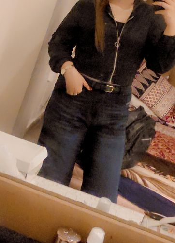 Customer photo review of High Rise Mom Jeans (Blue) Stretchable Flared Jeans