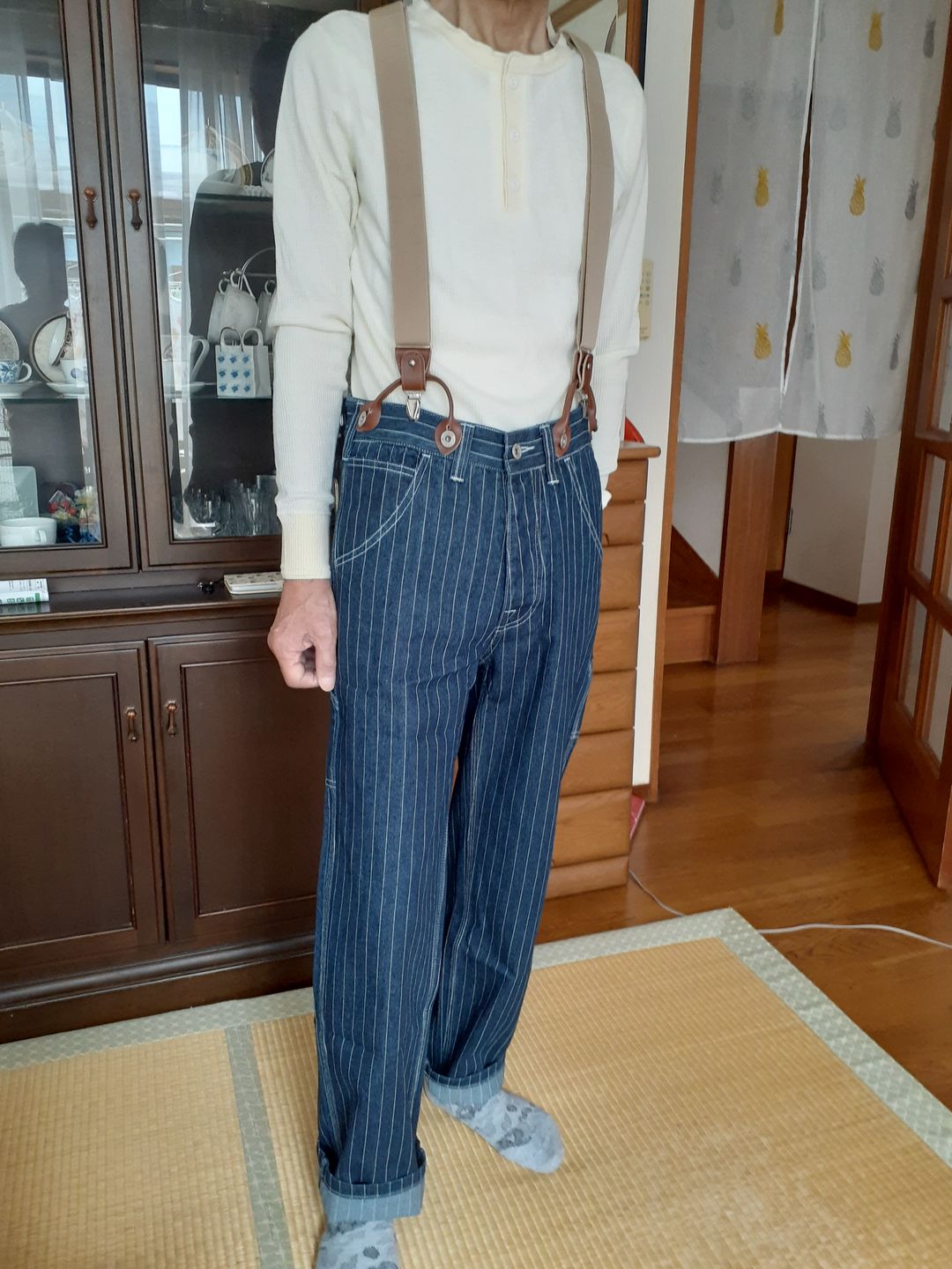 Customer photo review of サスペンダー付きストライプワークパンツ