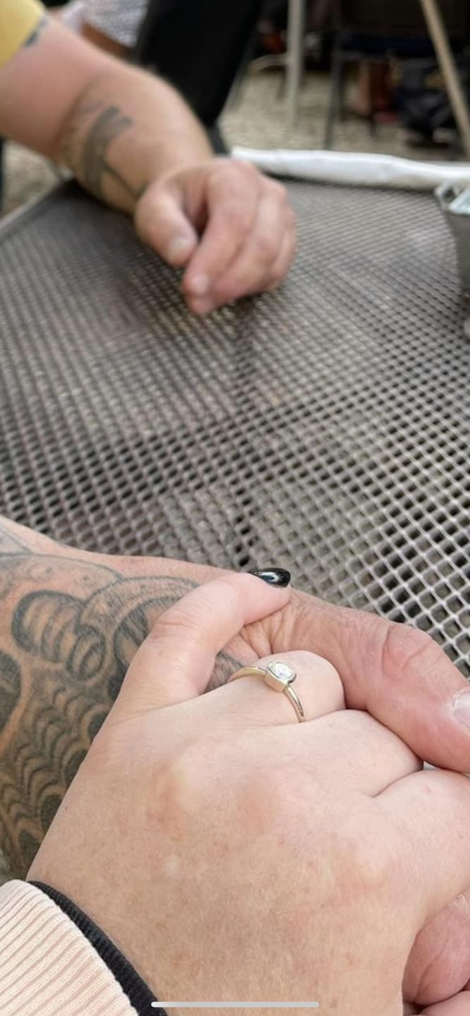 Customer photo review of 5x5 Colorless Moissanite -  Cushion Cut Bezel White Gold Solitaire Ring -  Forever One Moissanite