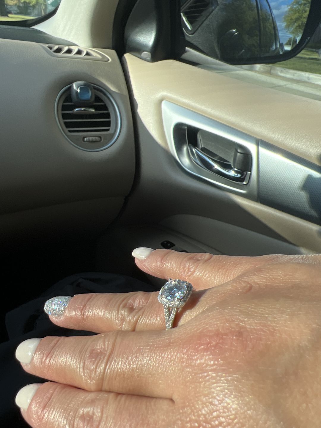 Customer photo review of Moissanite Split Shank Square Halo Pave Sterling Silver Wedding Ring
