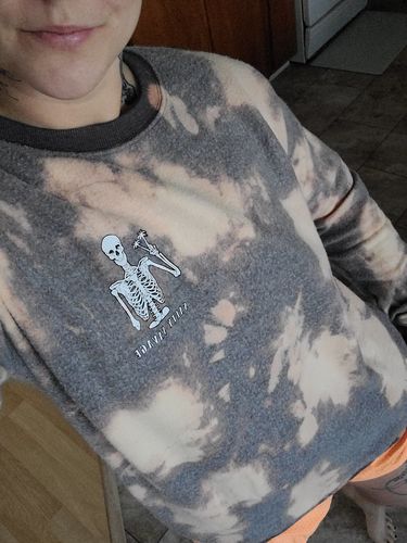 Customer photo review of Salty Savage Unisex Peace Skeleton Reversed Fuzzy Pullover Sweatshirt | Bleached Tie Dye