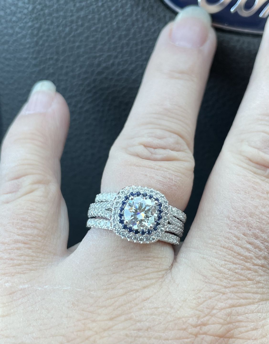 Customer photo review of Moissanite Round Half Eternity Sterling Silver Wedding Band Stackable Ring