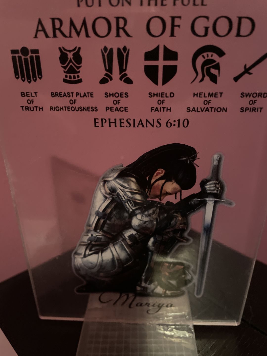 Customer photo review of Personalized Custom Name, Skin Tone And Hairstyles Woman Warrior Of God of God Put On The Full Armor of God Ephesians 6-10 Acrylic Plaque