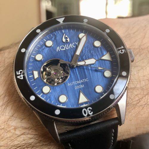 Customer photo review of Aquacy Hei Matau Cave Diver Open Heart Men's Automatic 200M Blue Mother of Pearl Dive Watch CD.38.BLMOP.B.L