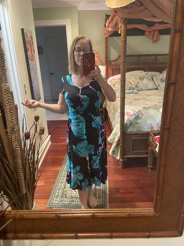 Customer photo review of Joseph Ribkoff Black/Multi Floral Polka Dot Twist Front Midi Dress 221065 NEW