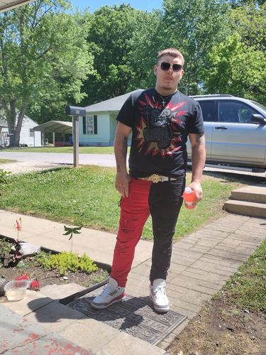 Customer photo review of Split Paint Splatter Denim (Black - Red)