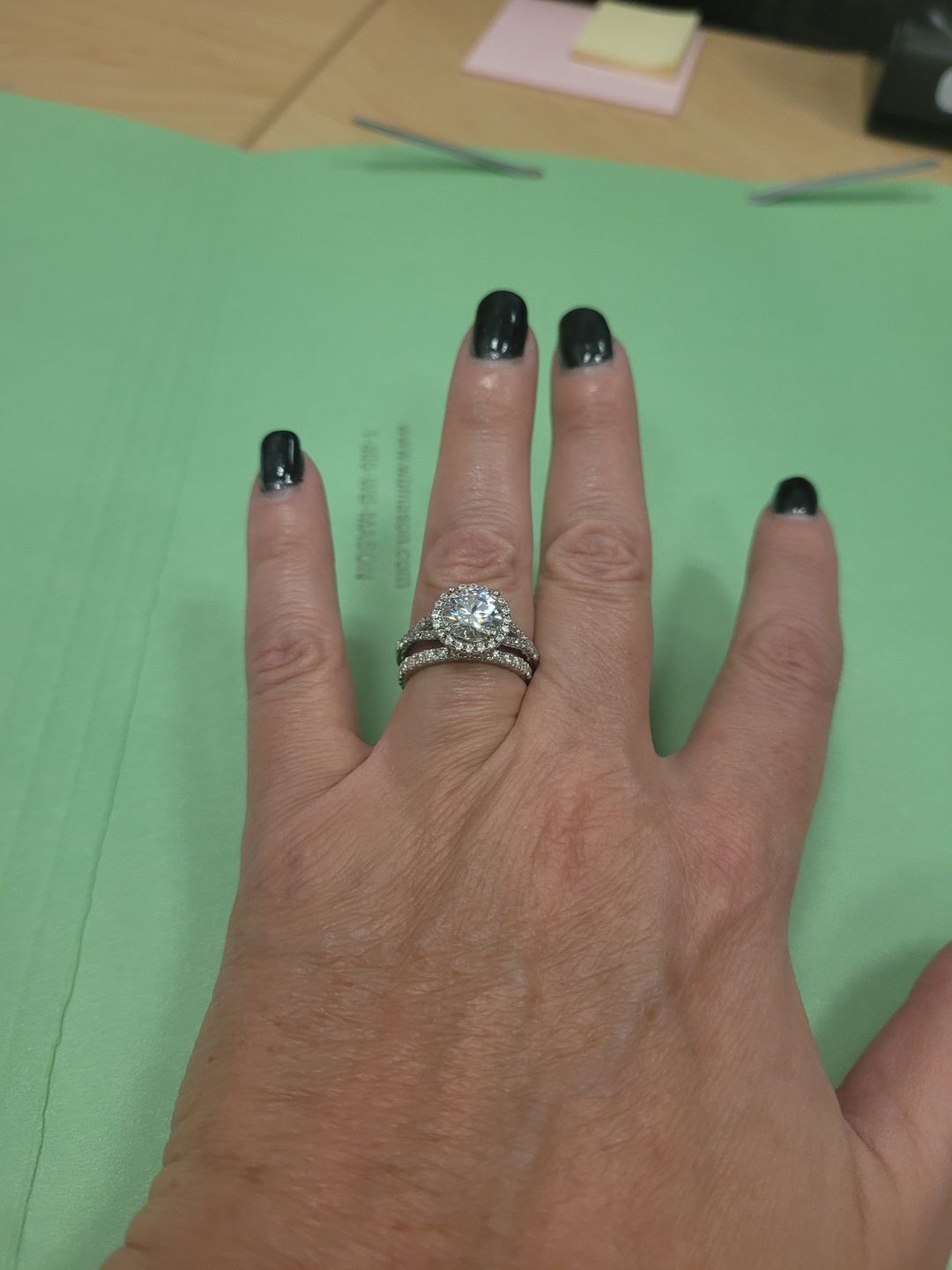 Customer photo review of Round Moissanite Split Shank Halo Pave Sterling Silver Wedding Ring