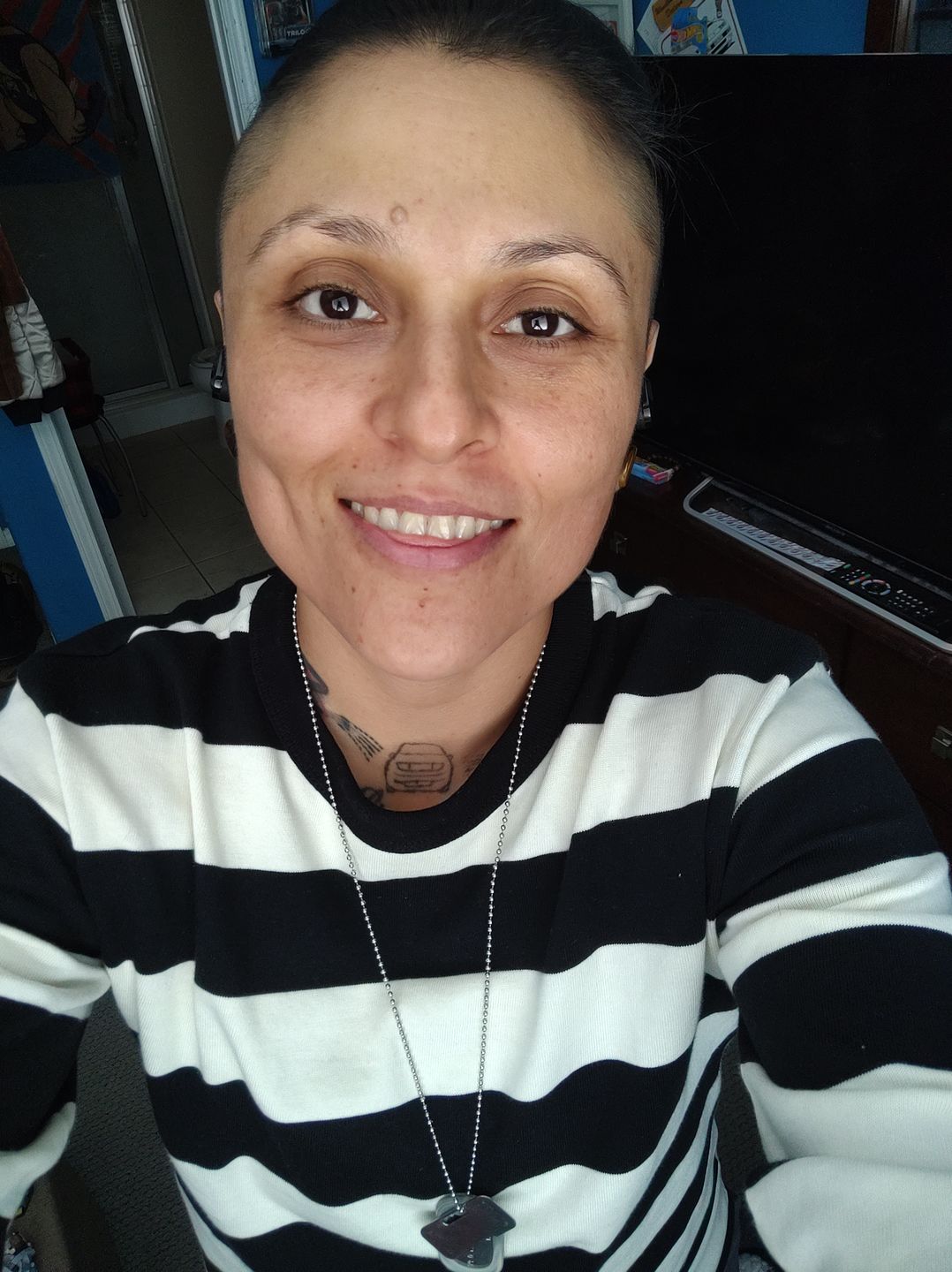 Customer photo review of 9 oz Wide Striped Long Sleeve T-Shirt