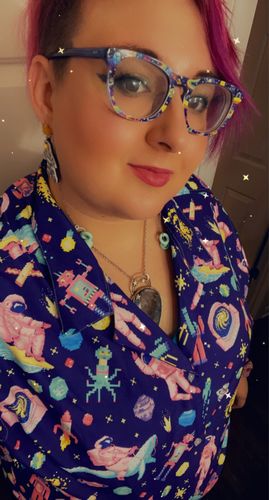 Customer photo review of Astronaut Pixels Outer Space Purple Blue Button Up Shirt