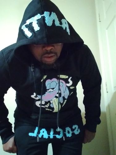 Customer photo review of Men Anti Social Sky Chenille Hoodie and Joggers Set - Black Hoodie / Black Jogger