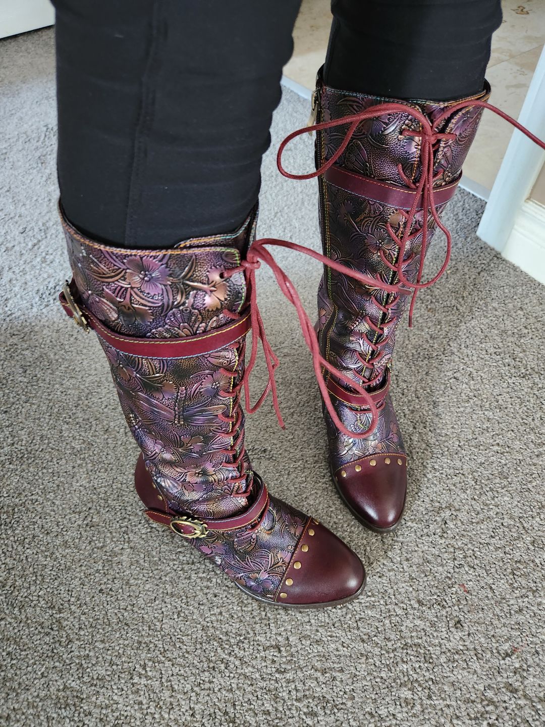 Customer photo review of Warm Embossed Real Leather Dragonfly Boots