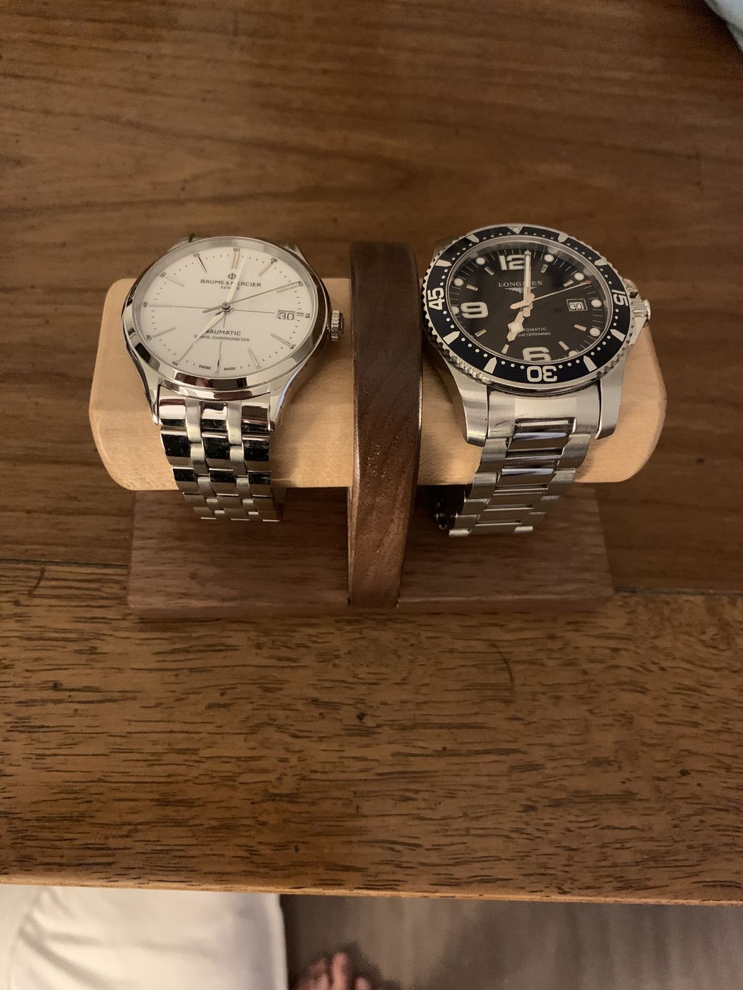 Customer photo review of Two Watch Stand in Walnut & Maple