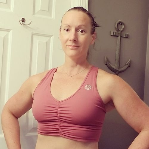 Customer photo review of Salty Savage Ladies OG Smile Cinched Sports Bra | Raspberry