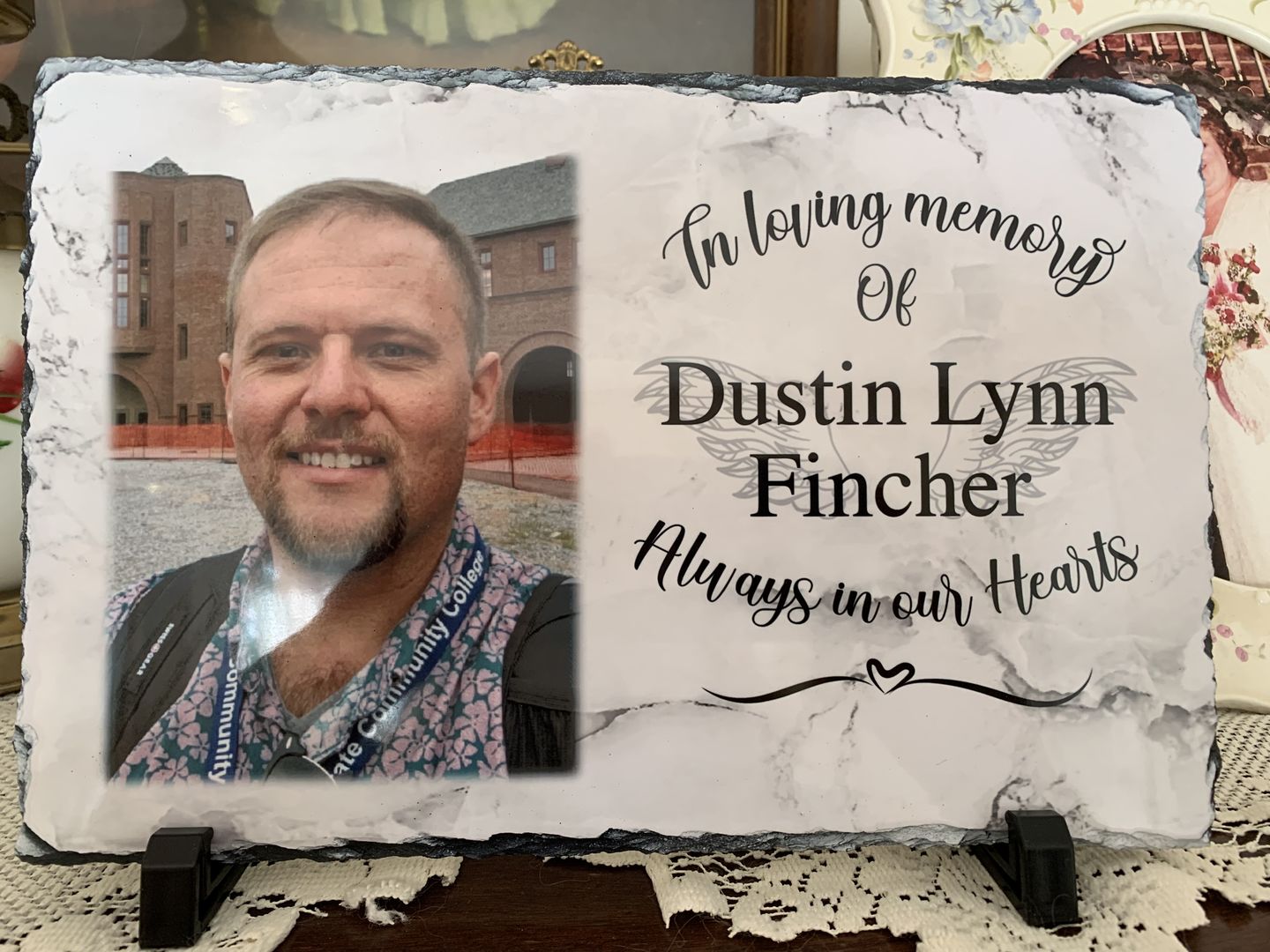 Customer photo review of In Loving Memory Memorial plaque, Personalized Loss of loved one, Sympathy Gift, Rest in peace, Photo Slate plaque, Remembrance, Celebration of life gift