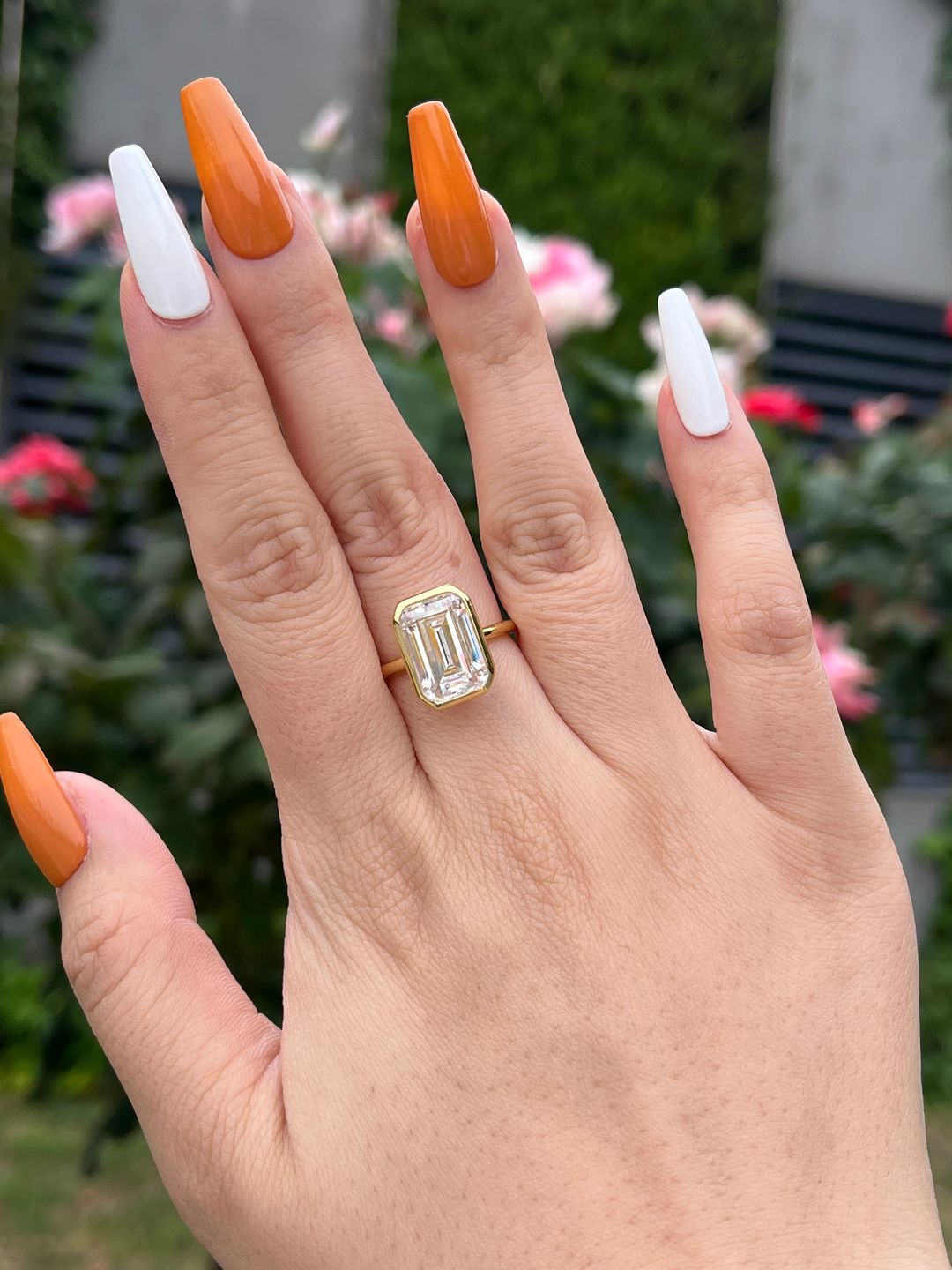 Customer photo review of Louily Unique Yellow Gold Emerald Cut Bezel Engagement Ring In Sterling Silver