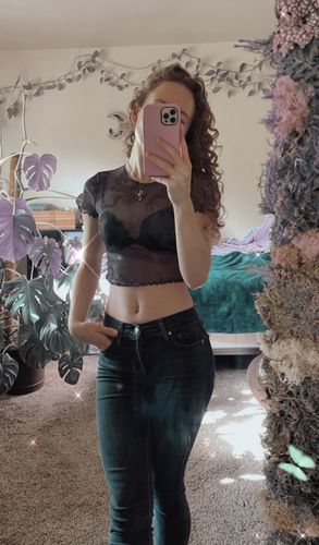 Customer photo review of Round neck dragon print sheer mesh ruffled crop top