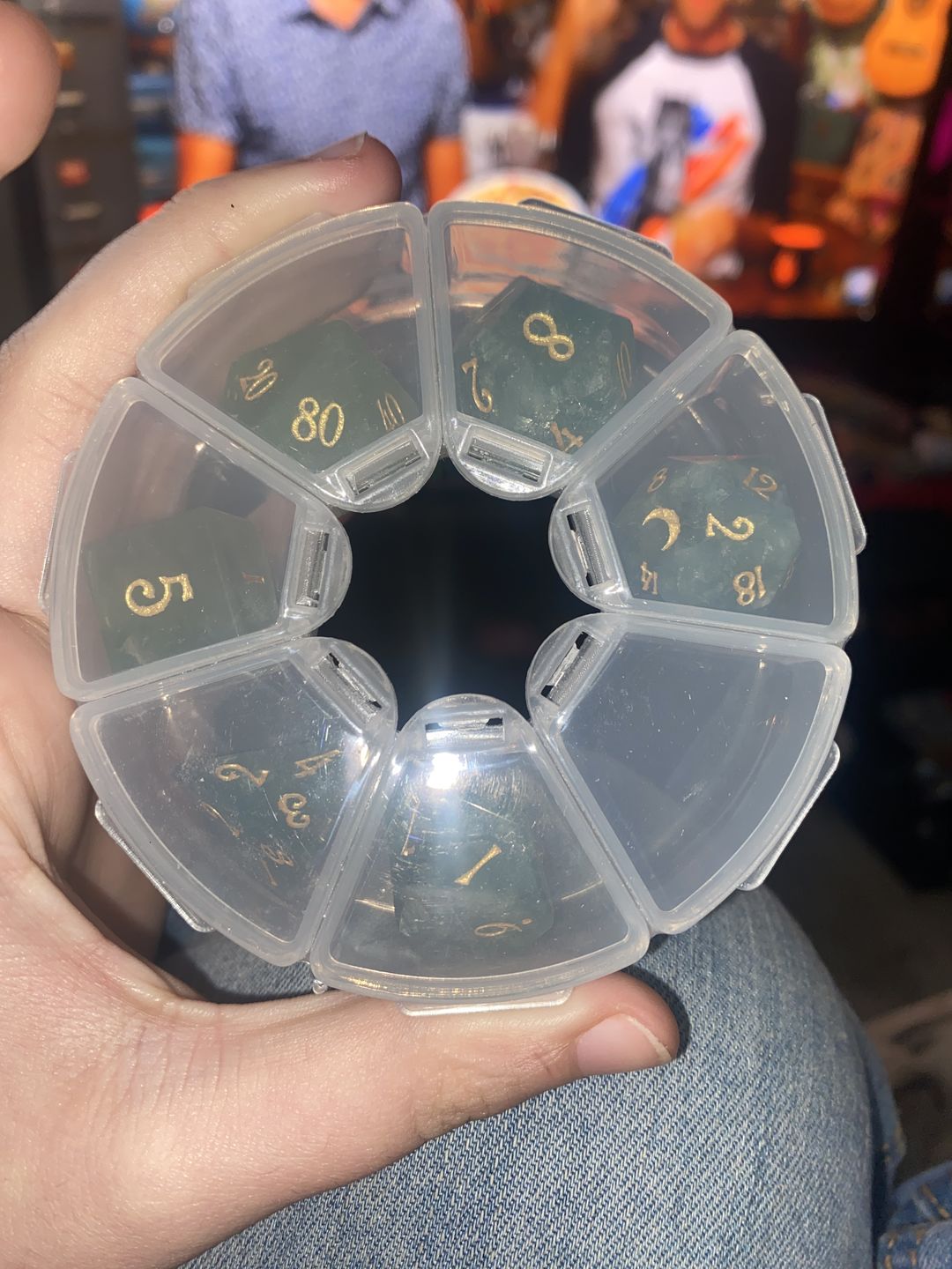 Customer photo review of URWizards D&D Green Fluorite Gemstone Engraved Dice Set Moon Style