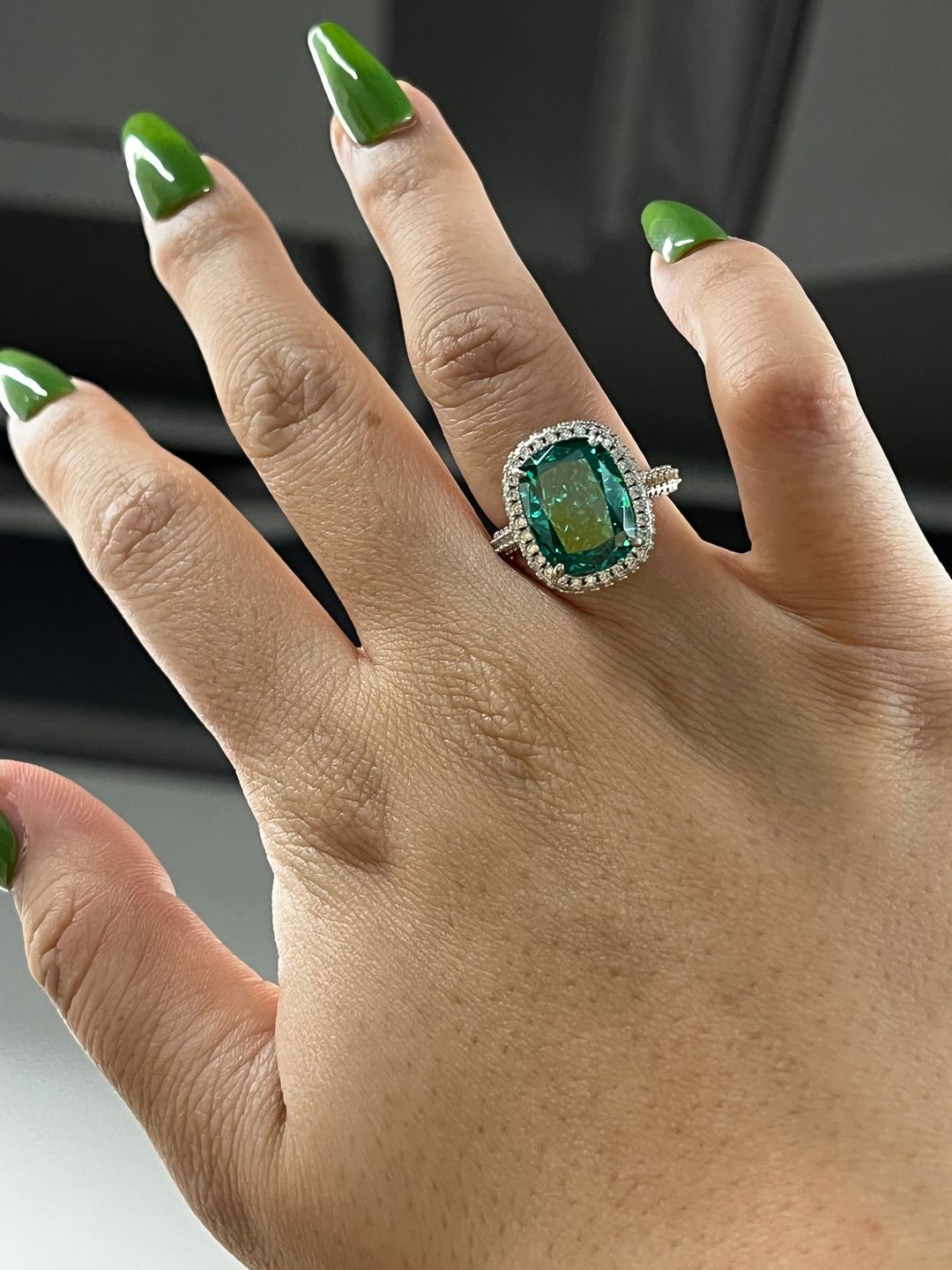 Customer photo review of Louily Gorgeous Halo Cushion Cut Paraiba Tourmaline Engagement Ring In Sterling Silver