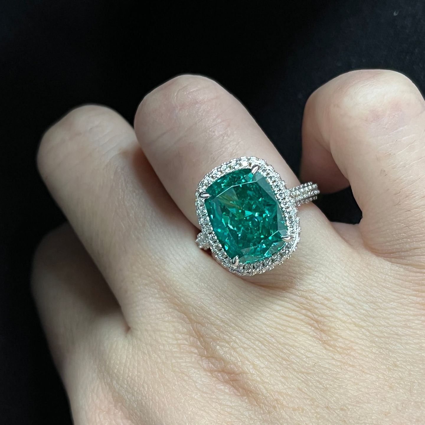 Customer photo review of Louily Gorgeous Halo Cushion Cut Paraiba Tourmaline Engagement Ring In Sterling Silver