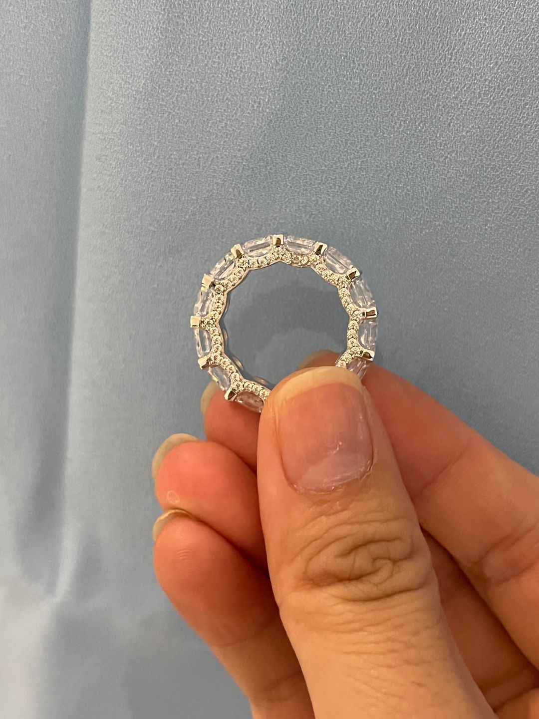 Customer photo review of S925 Luxurious 6.0Ct Cushion Cut Women's Wedding Band In Sterling Silver